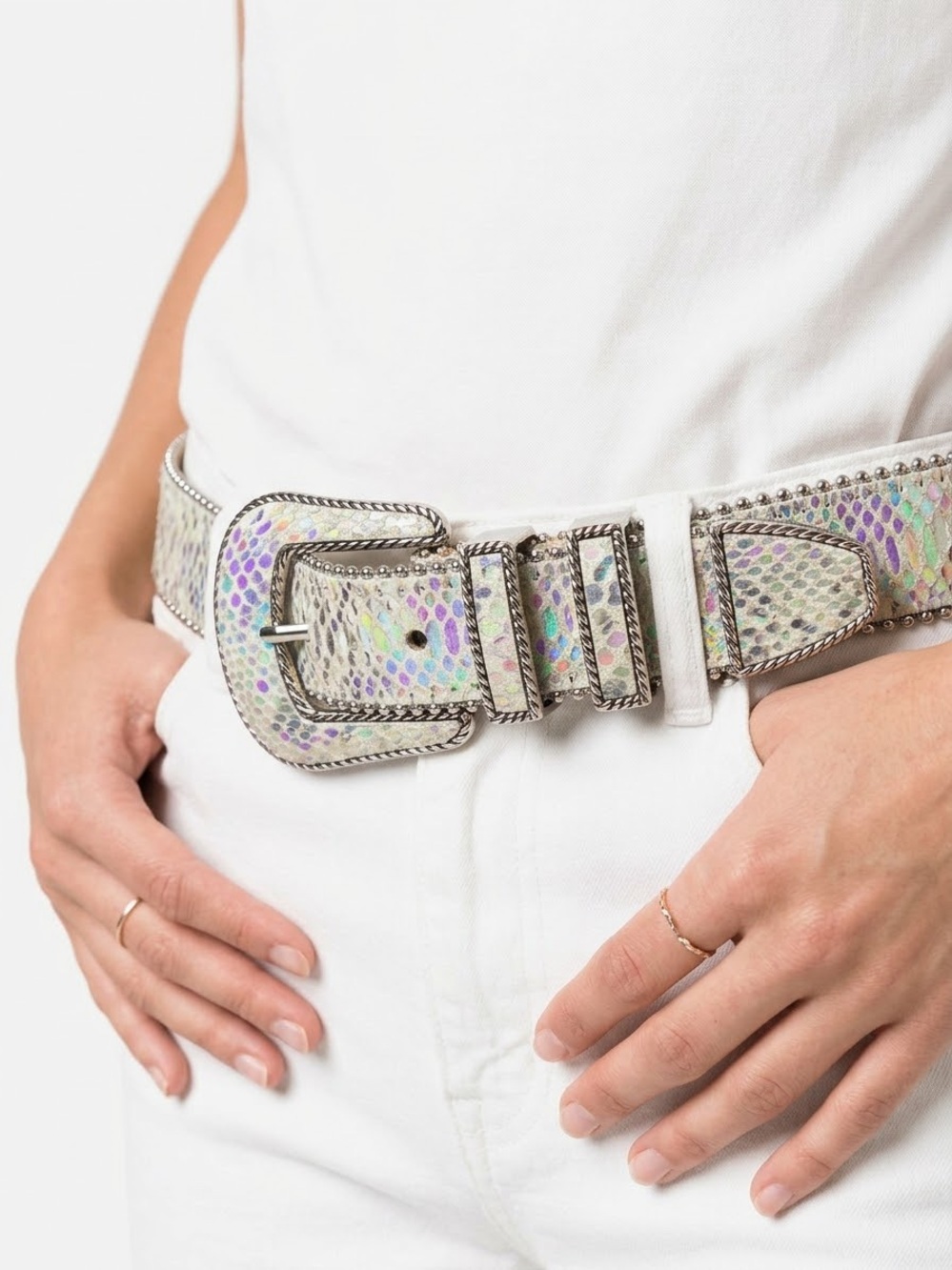 B.B. Simon Snake-Print Pale Multicolor Belt with Silver Trim